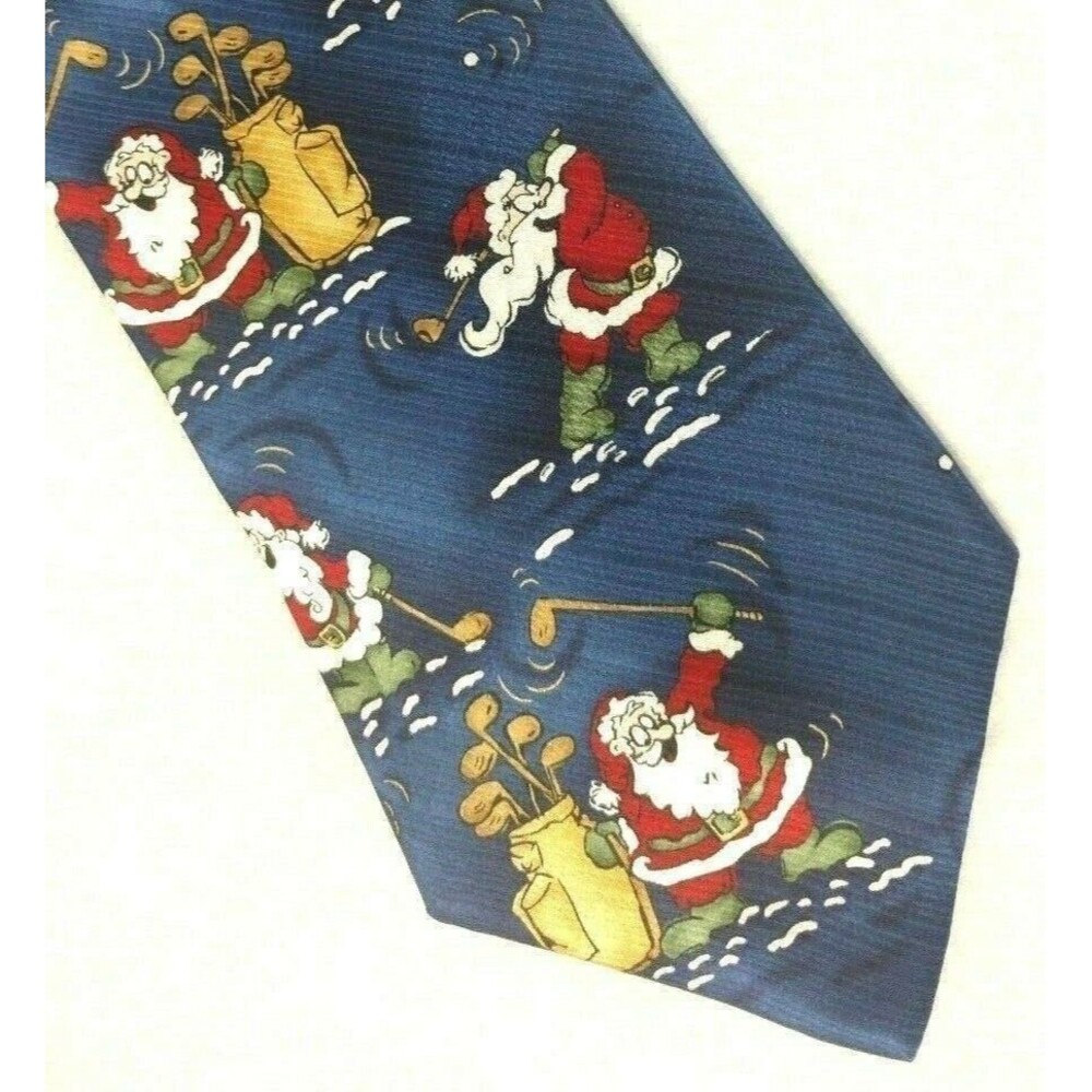 Noel Santa Playing Golf 100% Silk Neck Tie Blue Christmas Novelty Holiday A063